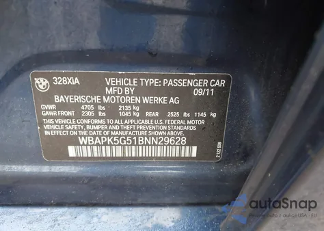 2011 BMW 328I xDrive from USA, damaged, VIN WBAPK5G51BNN29628